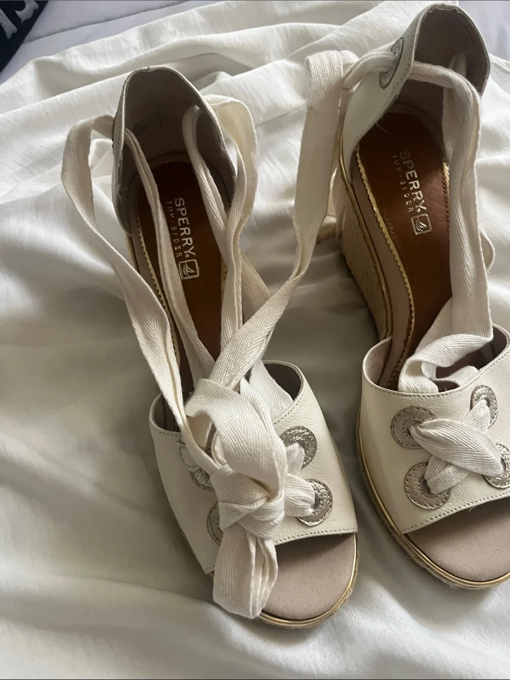 Sperry Ivory Lace-Up Espadrille Wedge Sandals